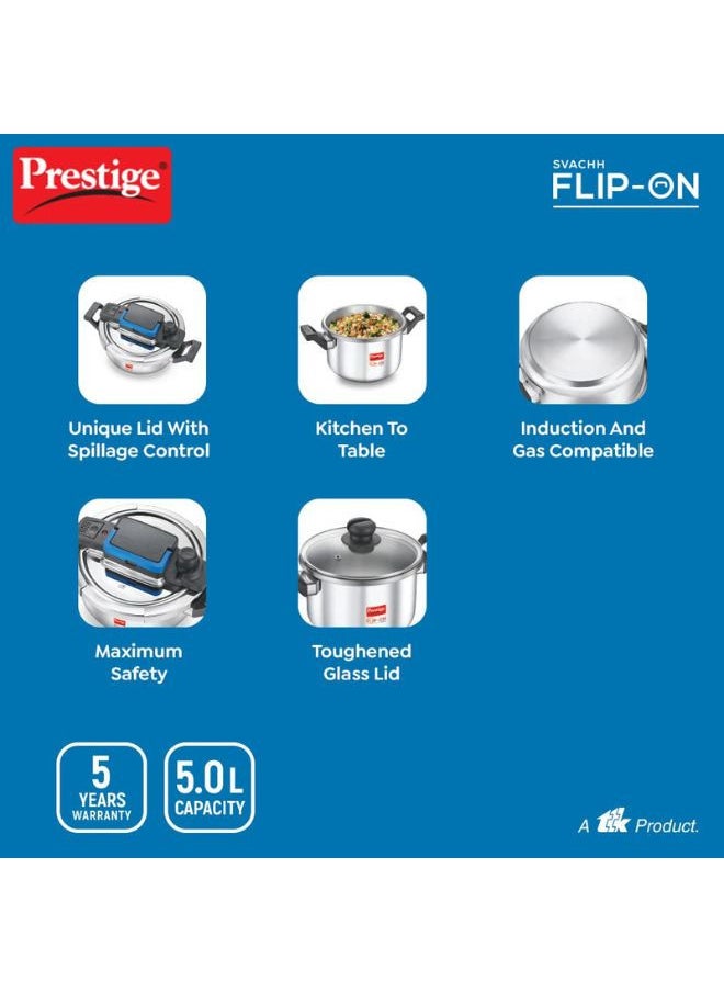 Prestige 5 Liter Svachh FLIP-ON Mini Stainless Steel Pressure Cooker With Glass Lid| Innovative Lock Lid With Spillage Control|Gas & Induction Compatible|5 years Warranty  - Image 4