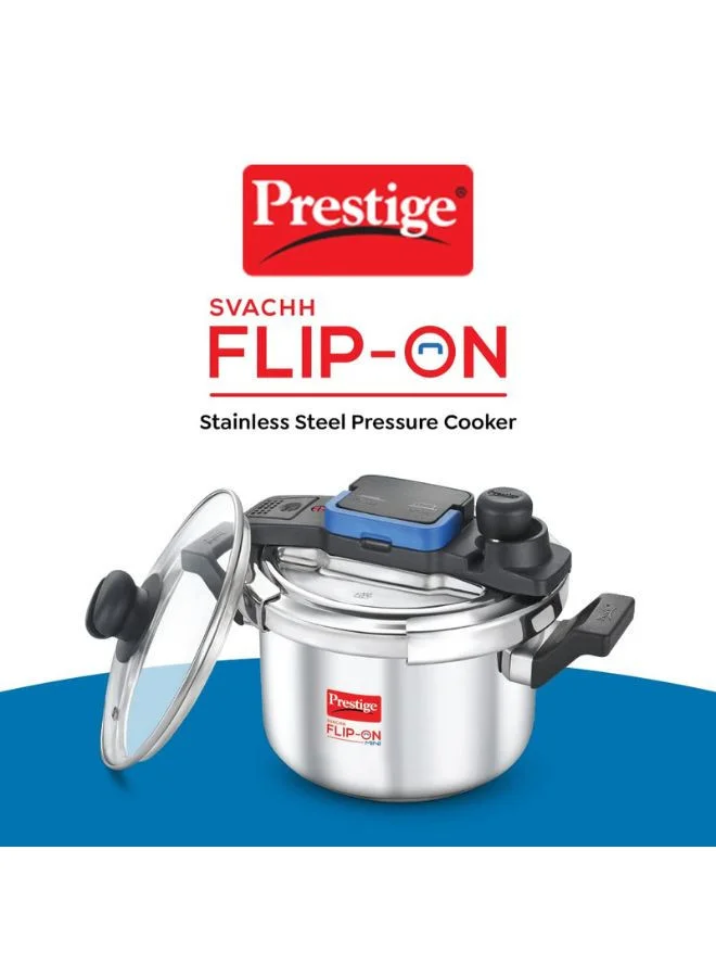Prestige 5 Liter Svachh FLIP-ON Mini Stainless Steel Pressure Cooker With Glass Lid| Innovative Lock Lid With Spillage Control|Gas & Induction Compatible|5 years Warranty