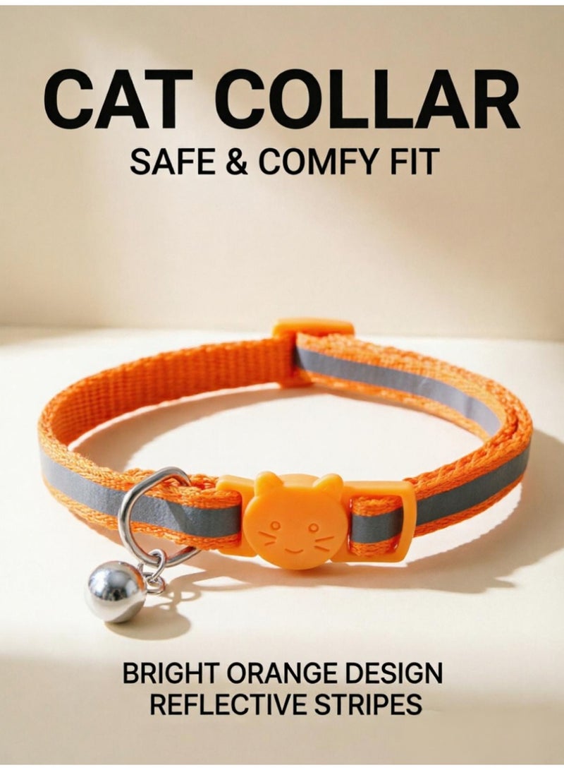 Orange Glow in the Dark Reflective Cat Collar with Cat Head Safety Buckle & Bell - Image 1
