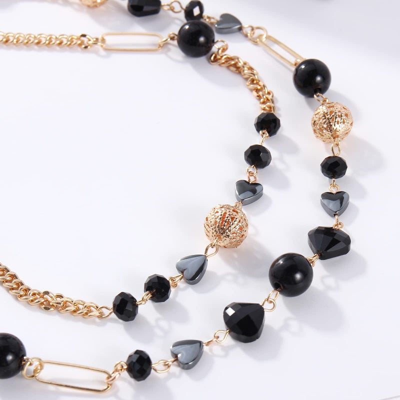 Bocar Beaded Necklace, 2 Layer Long Link Chain Necklace Crystal Beads for Women, Choker Jewelry Gift (NK-10689-Black) - Image 5