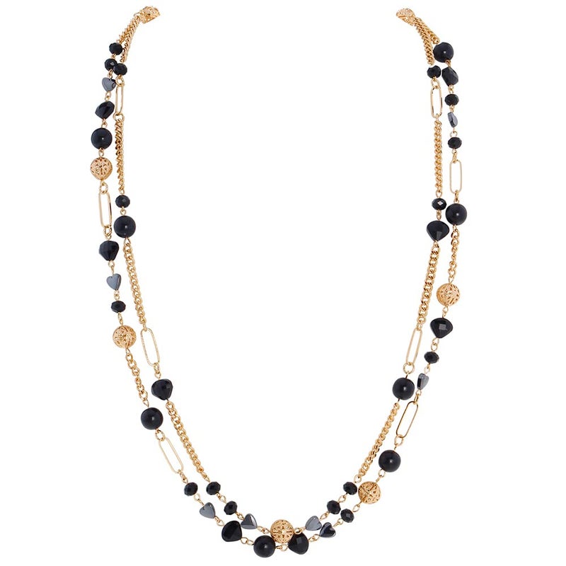 Bocar Beaded Necklace, 2 Layer Long Link Chain Necklace Crystal Beads for Women, Choker Jewelry Gift (NK-10689-Black) - Image 1