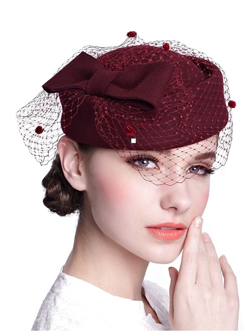 Excefore - Pillbox Hat, Wedding Hat Caps with Veil Vintage Bow Fascinator Hats for Women A - Image 1