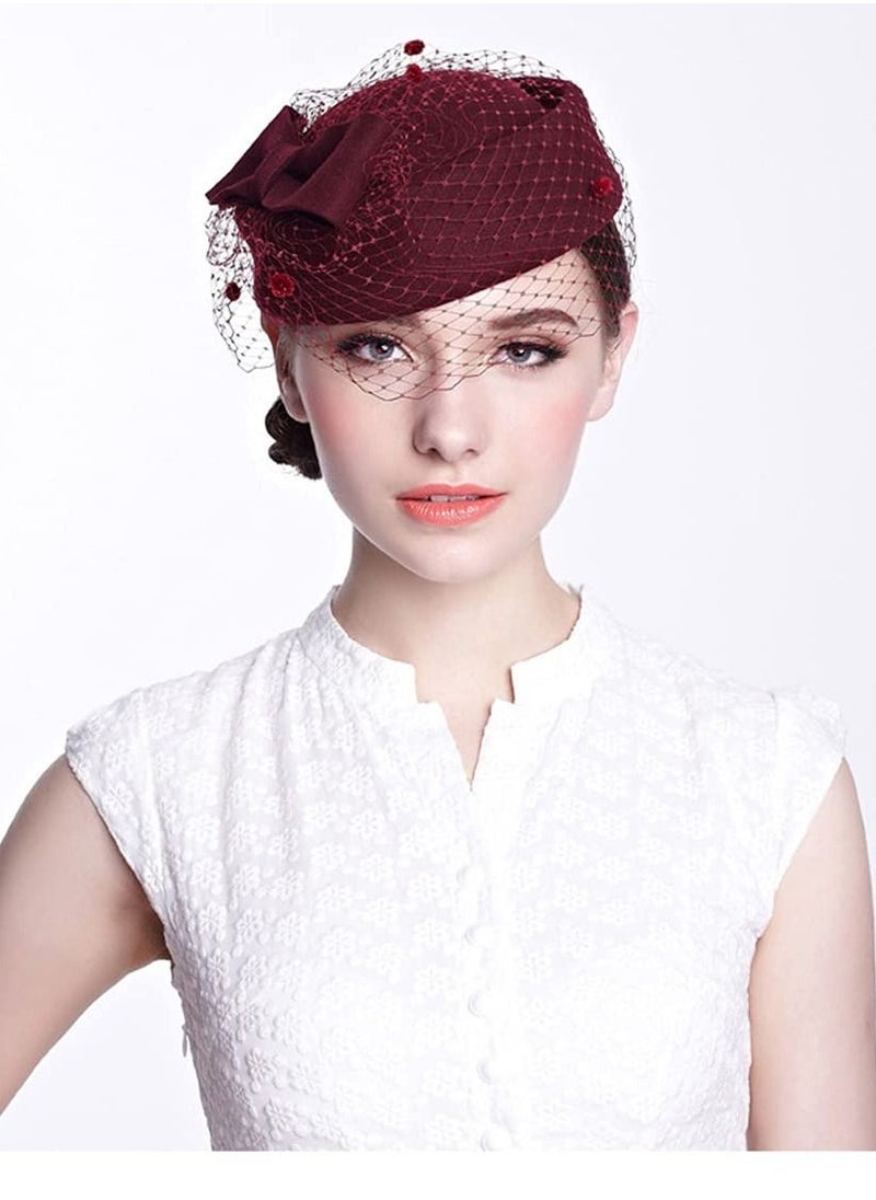 Excefore - Pillbox Hat, Wedding Hat Caps with Veil Vintage Bow Fascinator Hats for Women A - Image 1