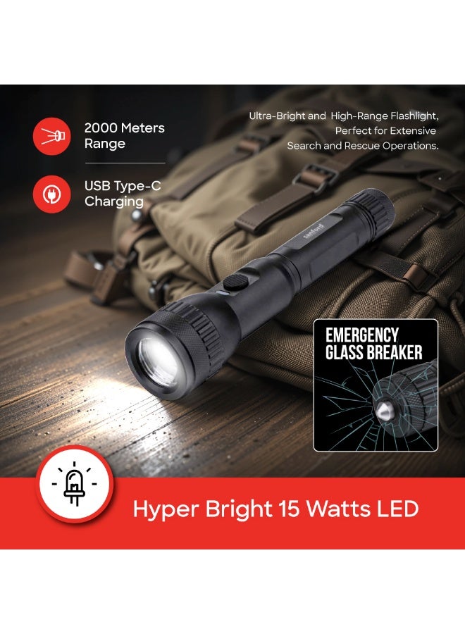 سانفورد كشاف ضوئي قابل لإعادة الشحن برأس تركيز دوار، 1200 لومن، مدى 2000 متر، مصباح ليد 15 وات، بطارية 4000 مللي أمبير/ساعة، بنك طاقة، شحن USB من النوع C - Image 4