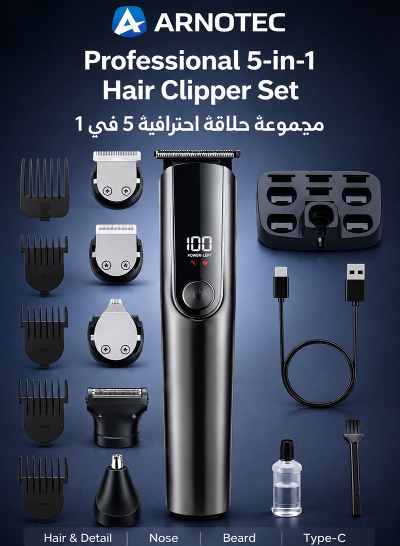 ARNOTEC Professional 5-in-1 Hair Clipper Grooming Kit for Men, Cordless Electric Trimmer with Digital Display, Beard Shaver, Nose Hair Trimmer, Detail & Engraving Blades, Type-C Rechargeable - Image 1