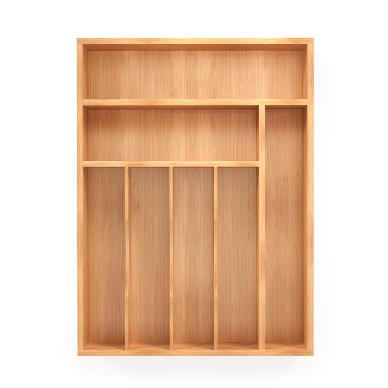 BEKVEM Bamboo Silverware Organizer, Kitchen Drawer Organizer, Utensil Holder and Cutlery Tray with Grooved Drawer Dividers, Spoon Flatware Storage - Image 1