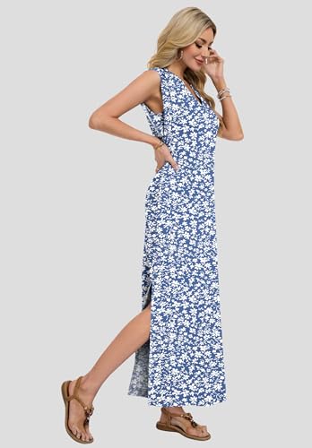 AUSELILY Sundresses for Women Wrinkle Free Casual Travel V Neck Split Sleeveless Loose Long Maxi Dress with Pockets 2026 Gray Blue Flower M - Image 4