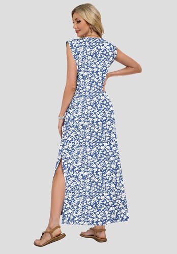 AUSELILY Sundresses for Women Wrinkle Free Casual Travel V Neck Split Sleeveless Loose Long Maxi Dress with Pockets 2026 Gray Blue Flower M - Image 2