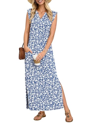 AUSELILY Sundresses for Women Wrinkle Free Casual Travel V Neck Split Sleeveless Loose Long Maxi Dress with Pockets 2026 Gray Blue Flower M - Image 1