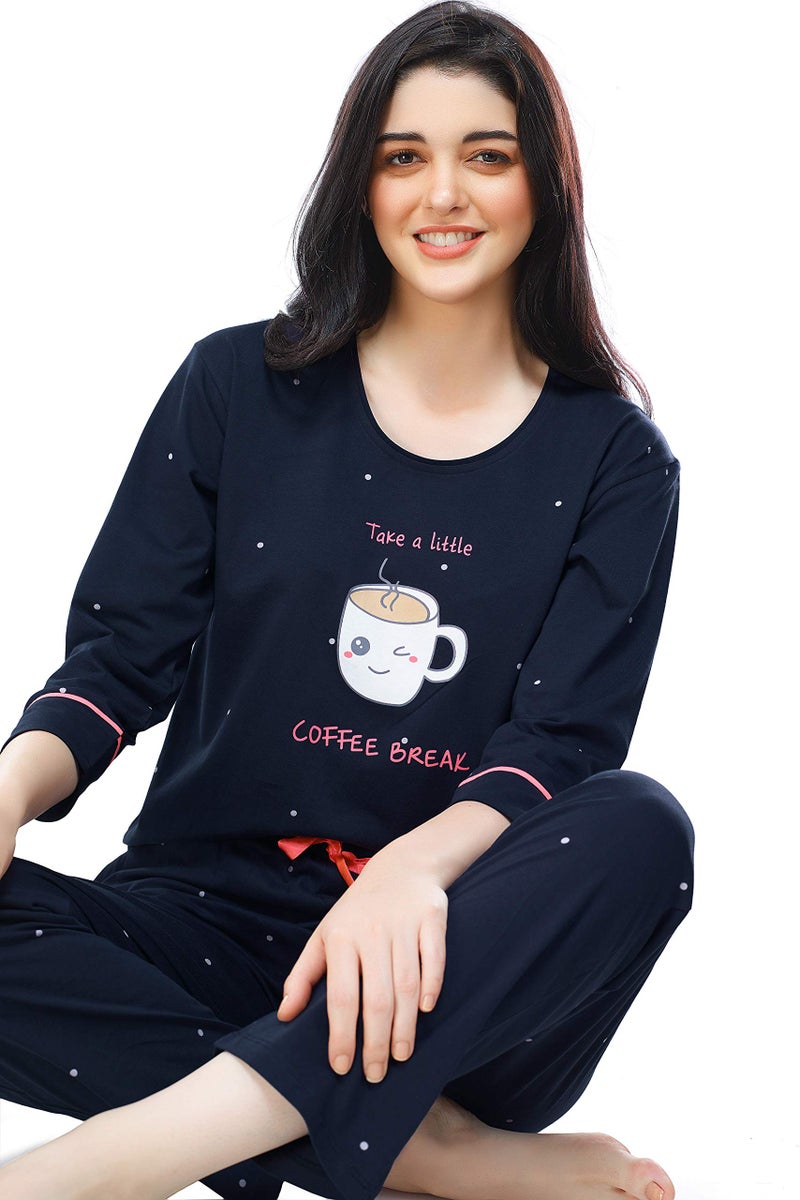 ZEYO Women's Cotton Dot Printed Navy Blue Night Suit set of Top & Pyjama 5281 - Image 5
