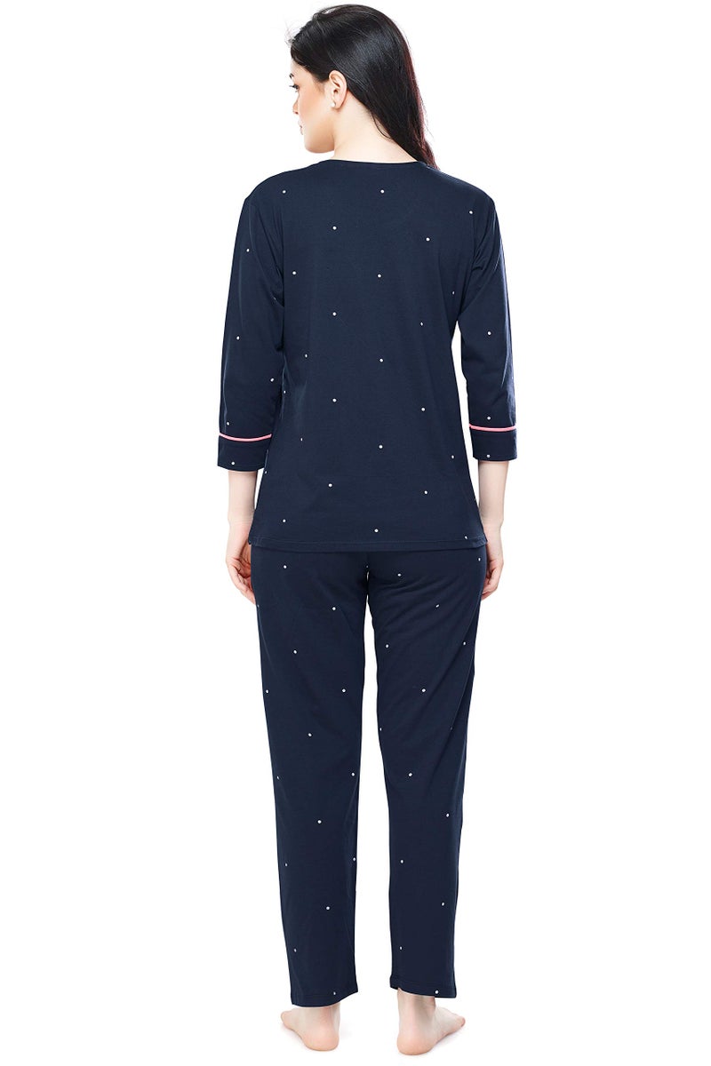 ZEYO Women's Cotton Dot Printed Navy Blue Night Suit set of Top & Pyjama 5281 - Image 3