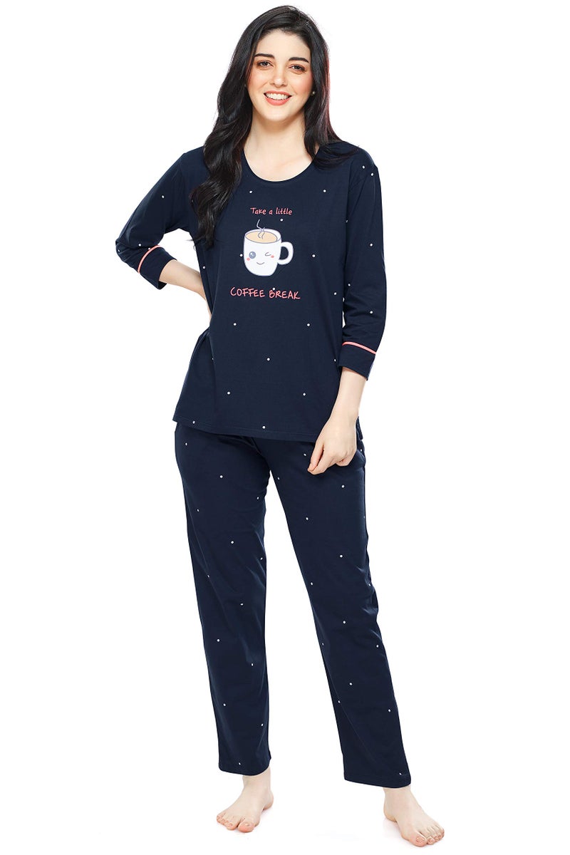 ZEYO Women's Cotton Dot Printed Navy Blue Night Suit set of Top & Pyjama 5281 - Image 1