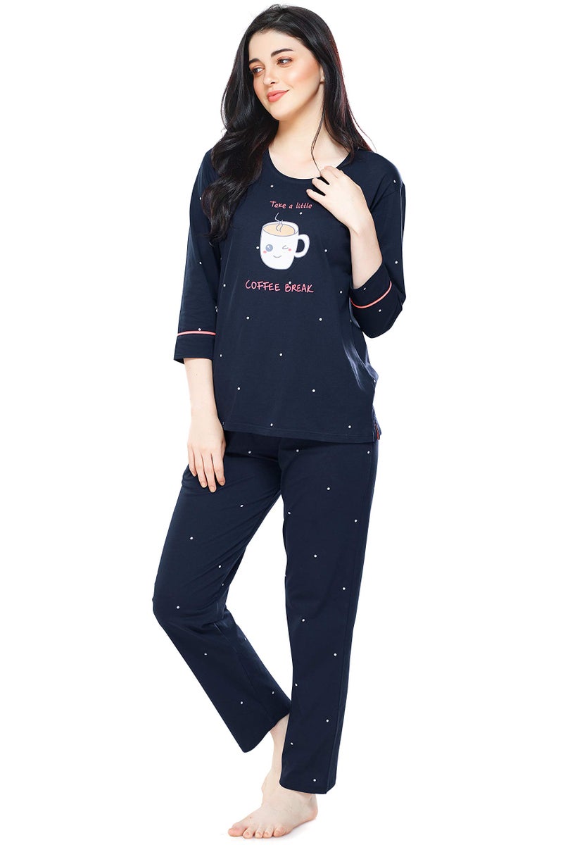 ZEYO Women's Cotton Dot Printed Navy Blue Night Suit set of Top & Pyjama 5281 - Image 4