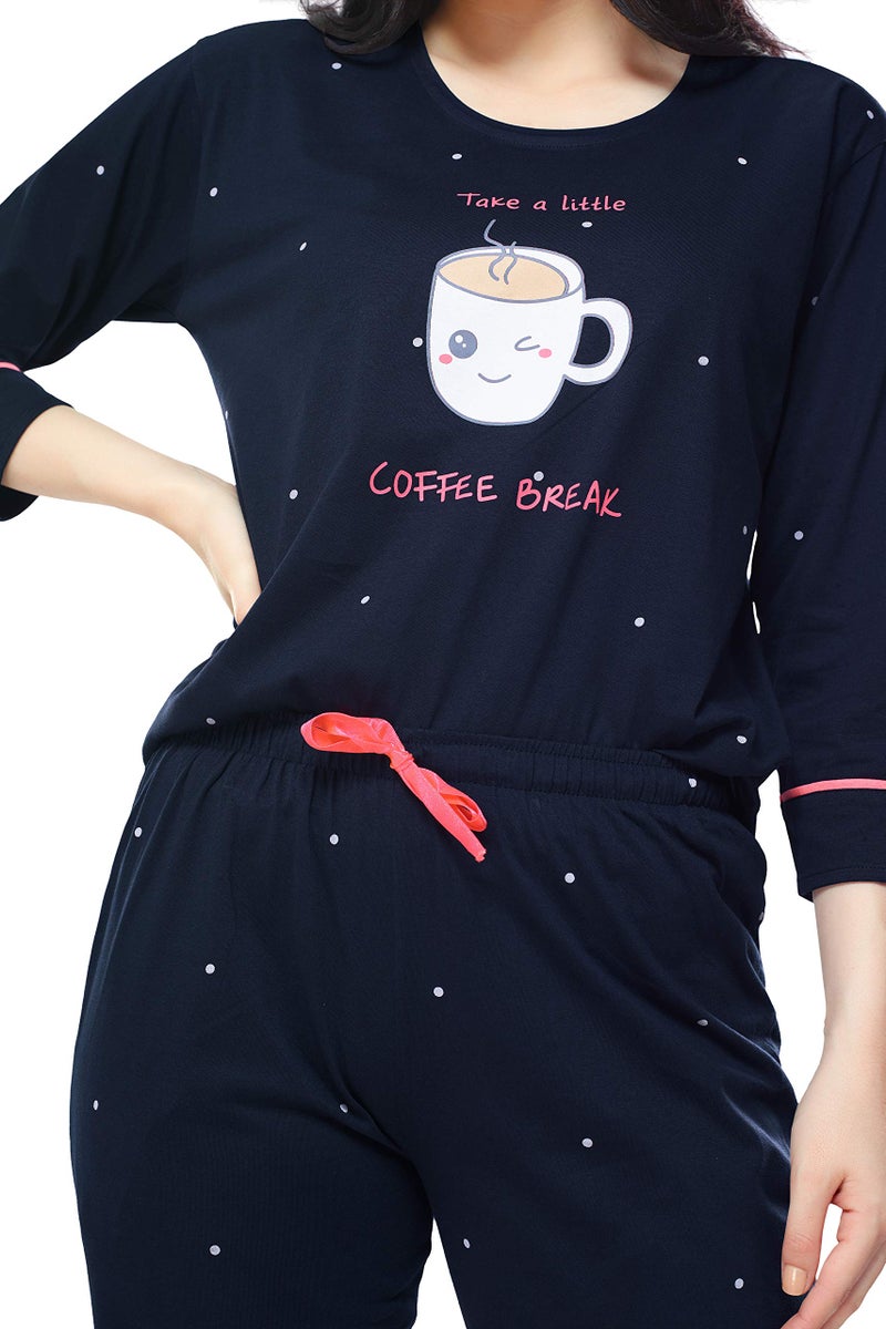 ZEYO Women's Cotton Dot Printed Navy Blue Night Suit set of Top & Pyjama 5281 - Image 2