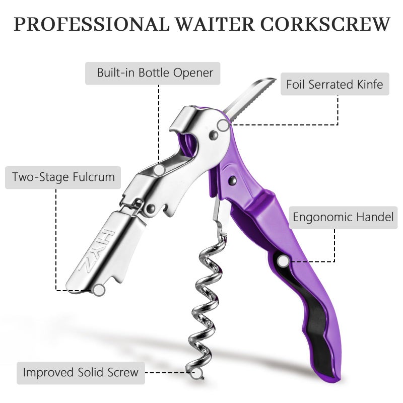 Hyz 2-Pack Wine Opener Waiter Corkscrew  Professional Wine Key For Servers  Bartender With Foil Cutter  Manual Wine Bottle Opener Double Hinged (Dark Purple) - Image 2