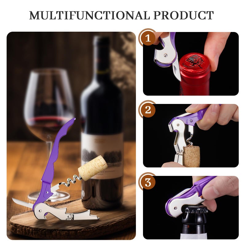 Hyz 2-Pack Wine Opener Waiter Corkscrew  Professional Wine Key For Servers  Bartender With Foil Cutter  Manual Wine Bottle Opener Double Hinged (Dark Purple) - Image 5