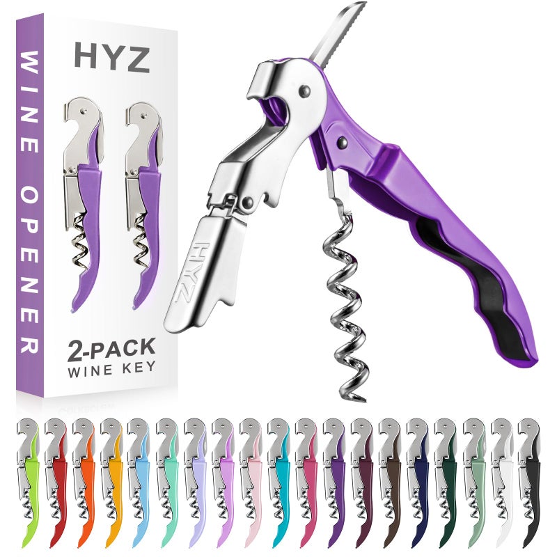 Hyz 2-Pack Wine Opener Waiter Corkscrew  Professional Wine Key For Servers  Bartender With Foil Cutter  Manual Wine Bottle Opener Double Hinged (Dark Purple) - Image 1