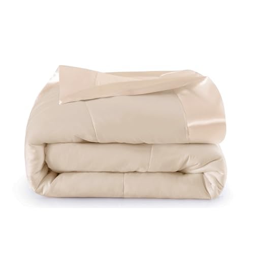 COMFLIVE Down Alternative Blanket with Satin Trim, Twin Size for Bed Lightweight Blanket for All Seasons - Winter Summer Comfort Soft 68”x90” (Beige, Twin) - Image 1