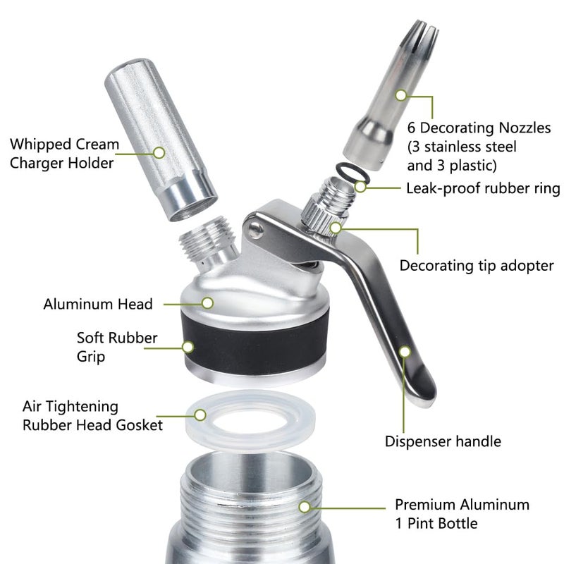 VIGIND Whipped Cream Dispenser,500ml Whipped Cream Canister with Sturdy Aluminum Body and Head,Whipped Cream Maker with 6 Decorating Nozzles,Use Standard 8 Gram N2O Chargers (Not Included) - Image 2