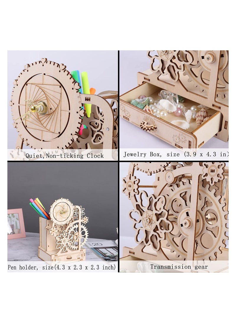 DIY Wooden Clock with Music Box & Pen Holder, Silent Mechanical Clock Model Kits for Creative Assembly, Perfect Woodcraft Gift for Home & Office - Image 3