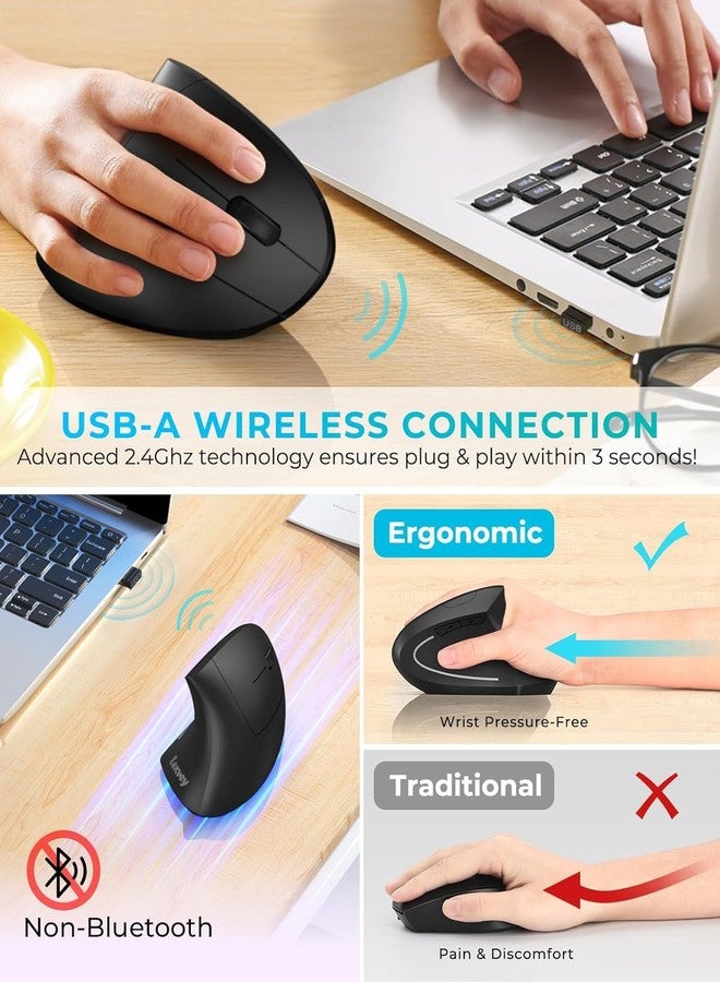 Lekvey Ergonomic Mouse, Vertical Wireless Mouse: Rechargeable Optical Carpal Tunnel Mice with 2.4G USB Receiver, 1000/1200/1600 DPI, 6 Buttons, for Laptop, Computer, Mac, PC, Desktop, Notebook, Black - Image 3