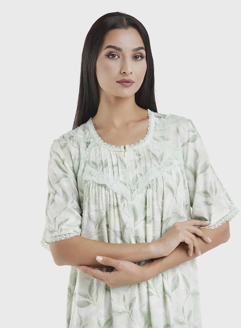 Kashkha Viscose Doby Leaf Print Nightwear Dress (CNH452)