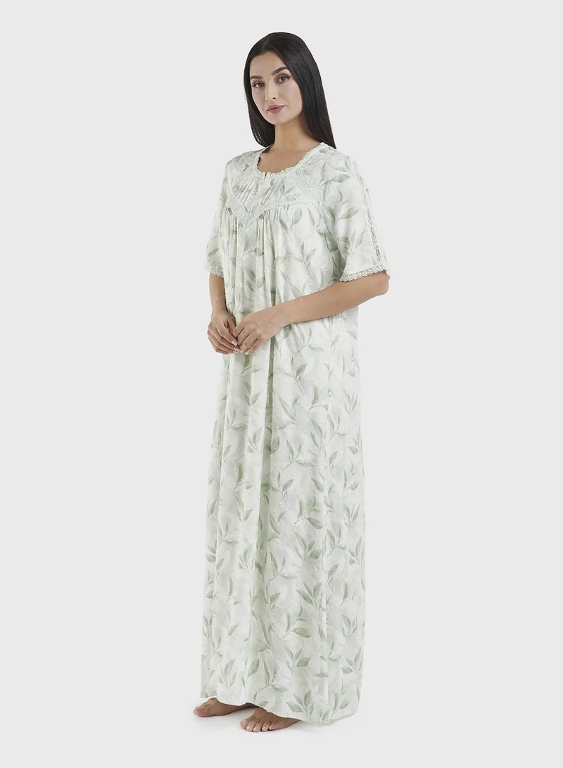 Kashkha  Viscose Doby Leaf Print Nightwear Dress (CNH452) for Women | Best Price UAE
