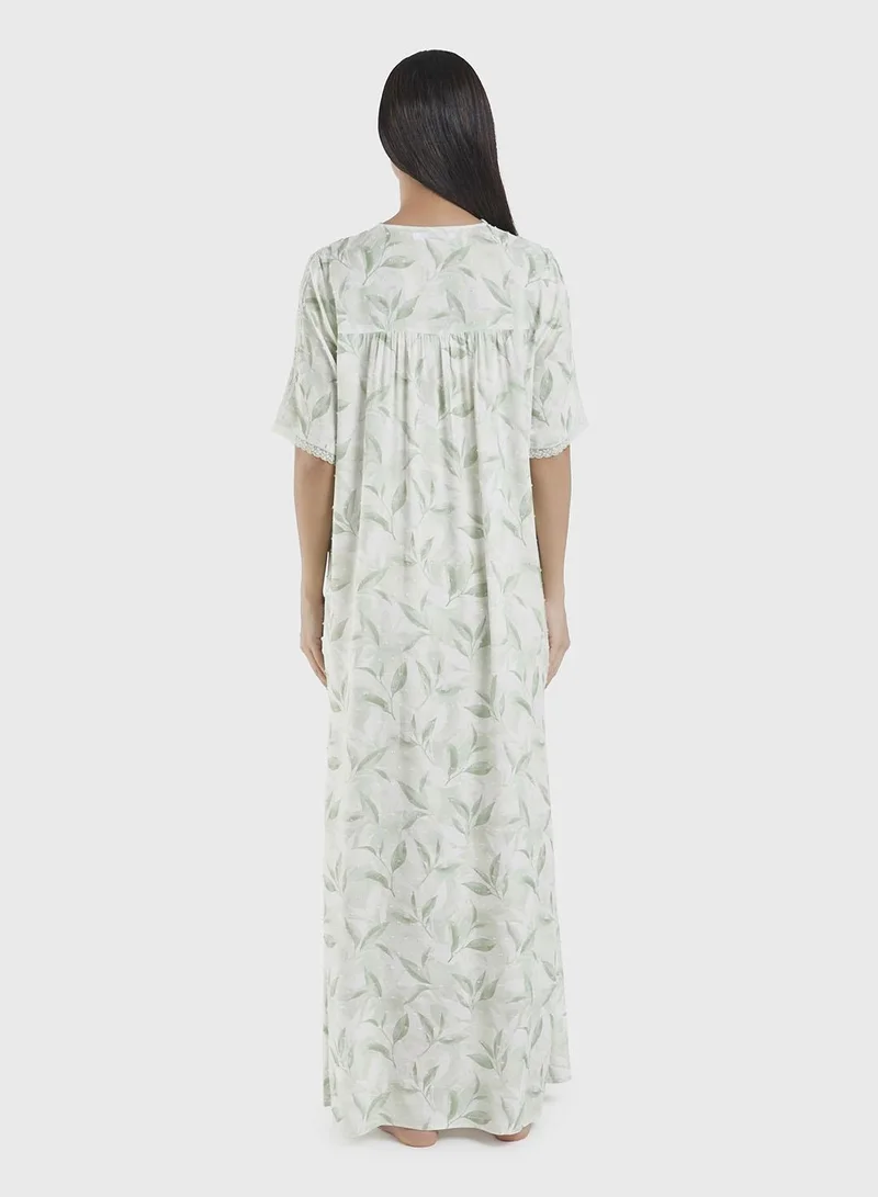 Kashkha  Viscose Doby Leaf Print Nightwear Dress (CNH452) for Women | Best Price UAE