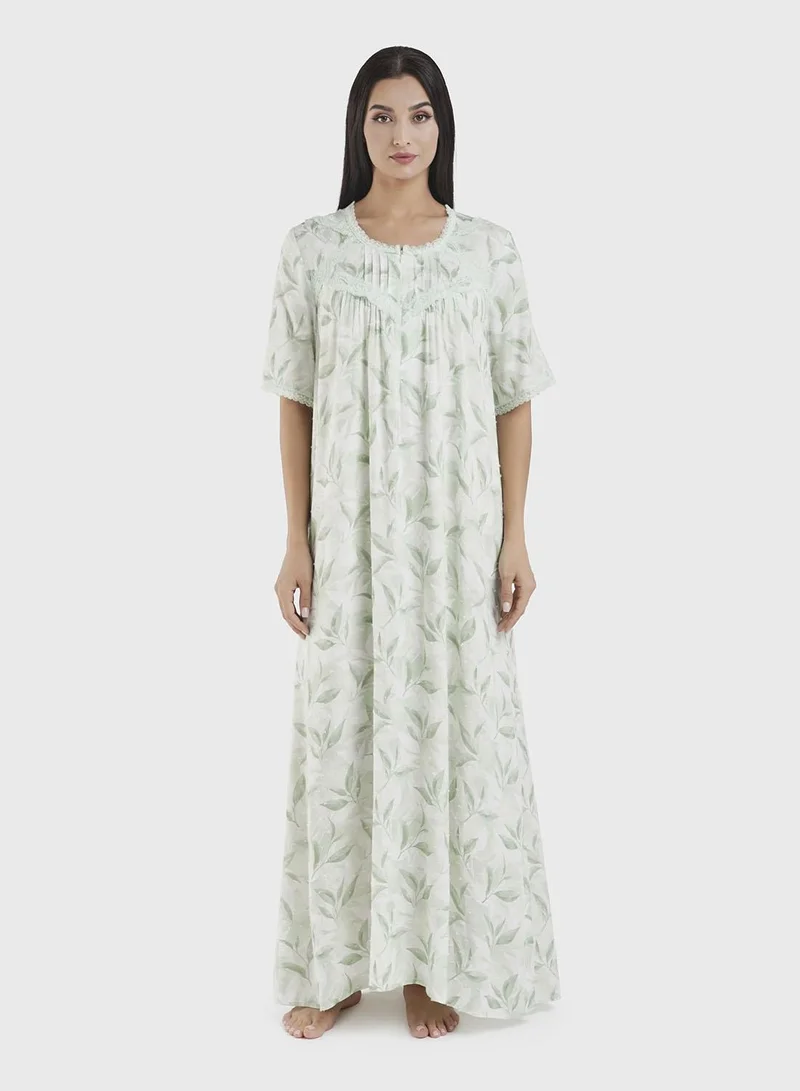 Kashkha Viscose Doby Leaf Print Nightwear Dress (CNH452)