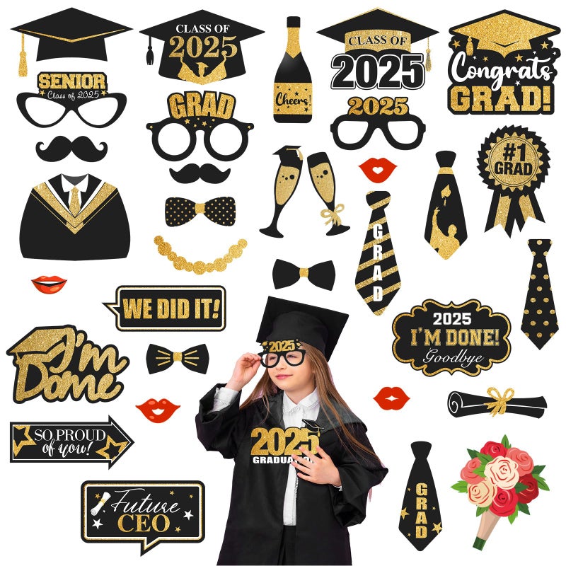 2025 Graduation Photo Booth Props  35 Pcs Graduation Photo Props Set Class of 2025 Grad Decor for All Ages of Graduates Black and Gold Photo Props for Graduation Party Decorations Supplies Favors