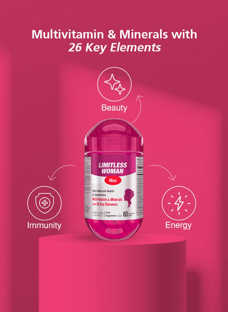 EVA PHARMA Limitless Woman Max – فيتامينات متعددة للنساء مع 26 عنصر غذائي أساسي – دعم الجمال والطاقة والمناعة – يحتوي على البيوتين والحديد وفيتامين C – 60 قرص - Image 5