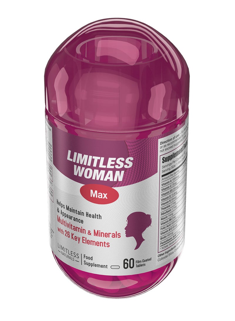 EVA PHARMA Limitless Woman Max – فيتامينات متعددة للنساء مع 26 عنصر غذائي أساسي – دعم الجمال والطاقة والمناعة – يحتوي على البيوتين والحديد وفيتامين C – 60 قرص - Image 2