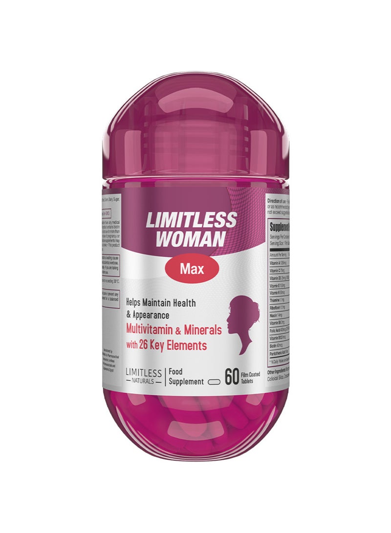 EVA PHARMA Limitless Woman Max – فيتامينات متعددة للنساء مع 26 عنصر غذائي أساسي – دعم الجمال والطاقة والمناعة – يحتوي على البيوتين والحديد وفيتامين C – 60 قرص - Image 1