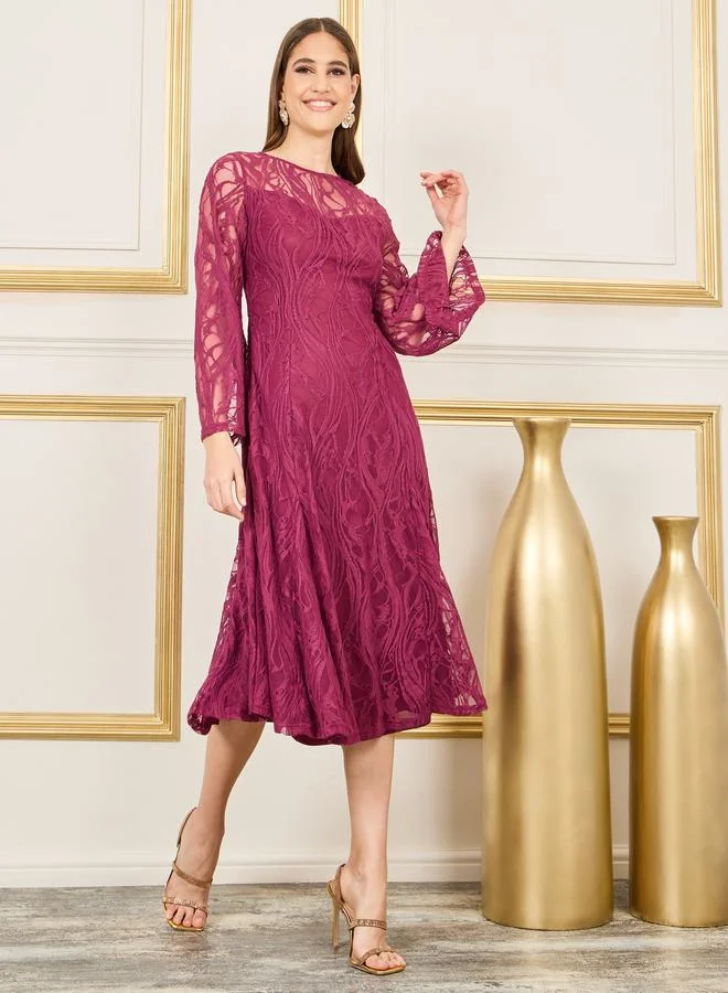 Styli All Over Lace Flared Sleeves A-Line Midi Dress