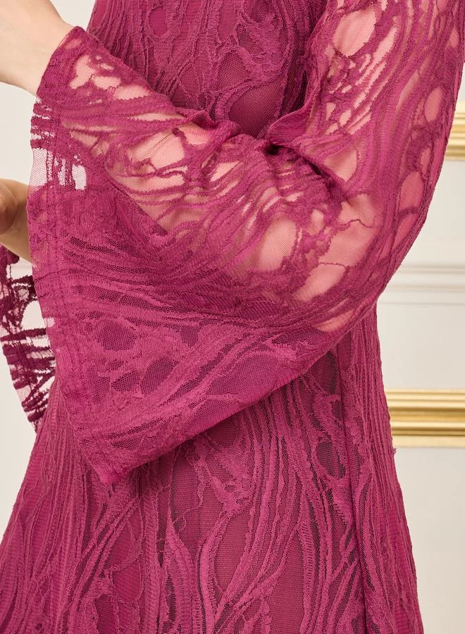 Styli All Over Lace Flared Sleeves A-Line Midi Dress