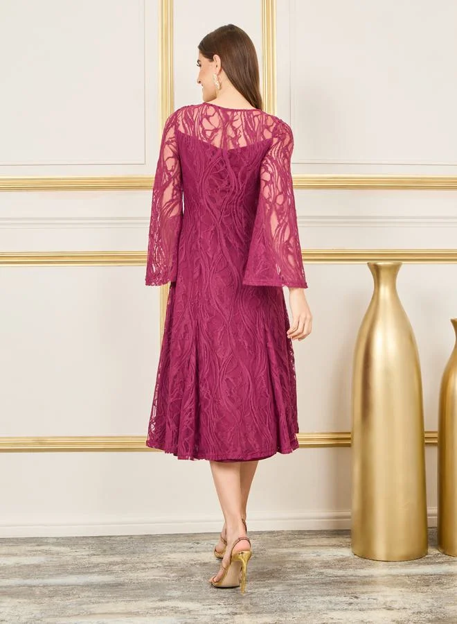 Styli All Over Lace Flared Sleeves A-Line Midi Dress