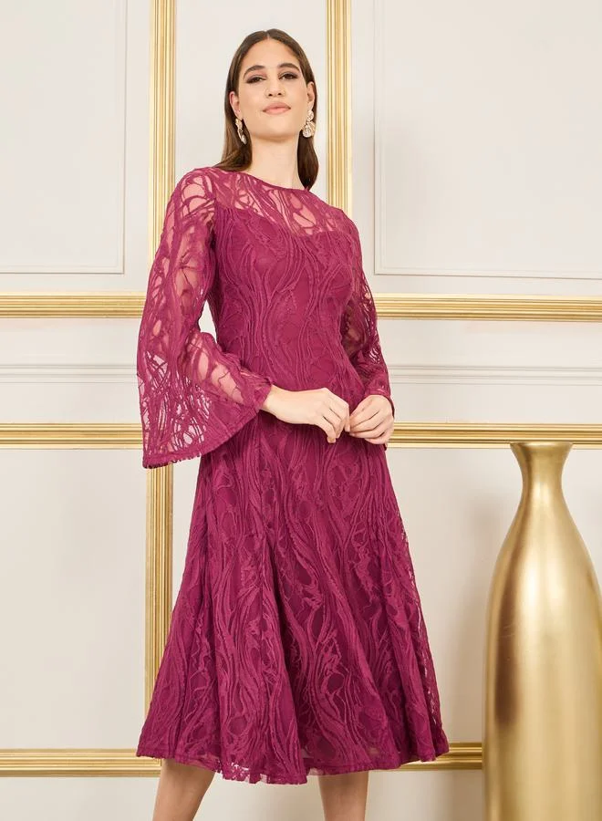Styli All Over Lace Flared Sleeves A-Line Midi Dress