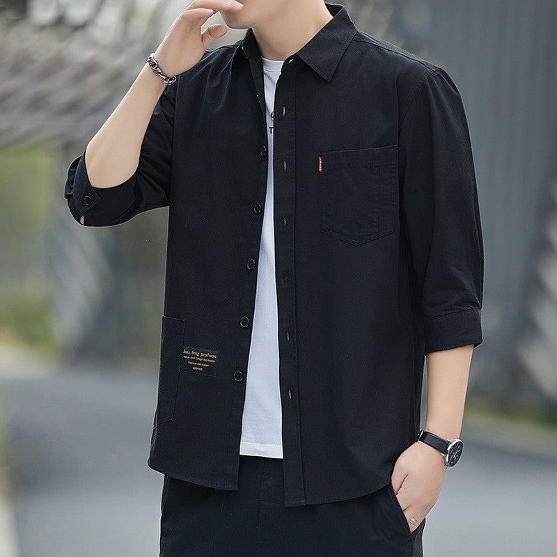 Summer thin workwear shirt three-quarter sleeve handsome mens casual half sleeve shirt trendy mens long sleeve shirt Black-polyester fiber-short sleeve 