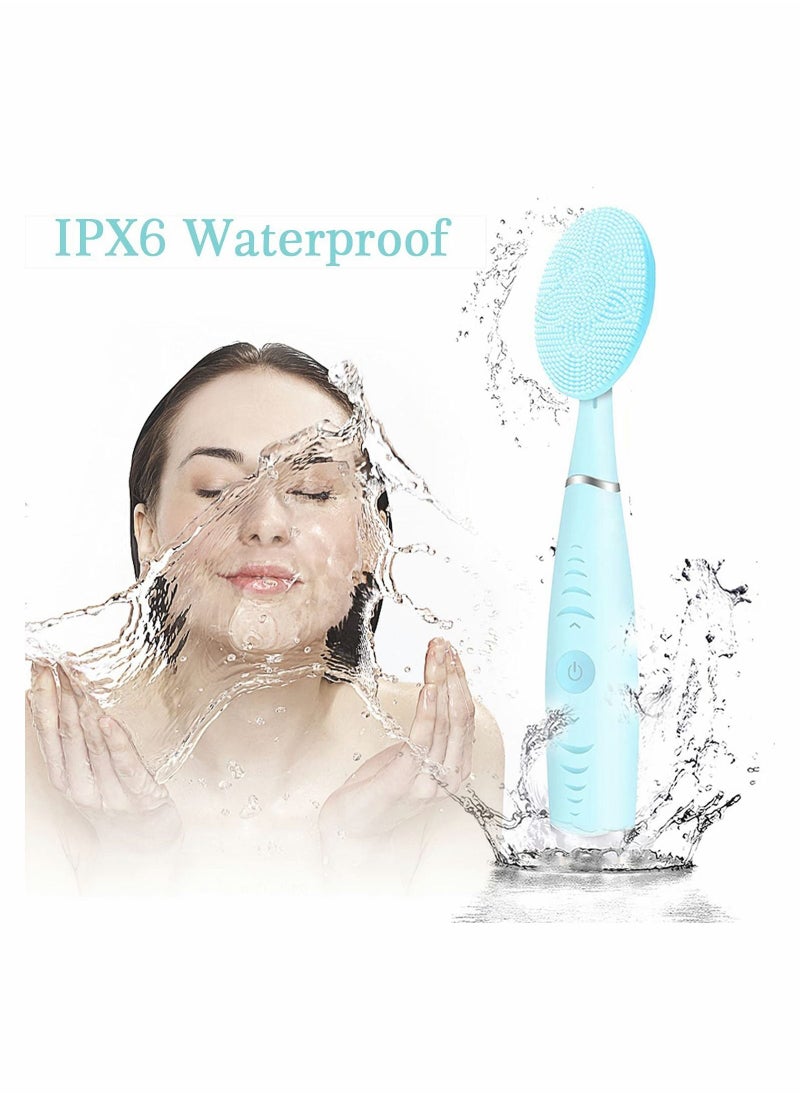 Facial Cleansing Brush, Portable Handled Face Cleansing Brush with 5 Adjustable Speeds Vibrating Rechargeable Face Cleansing Brush for Deep Cleaning Gentle Exfoliating Massaging (Blue)