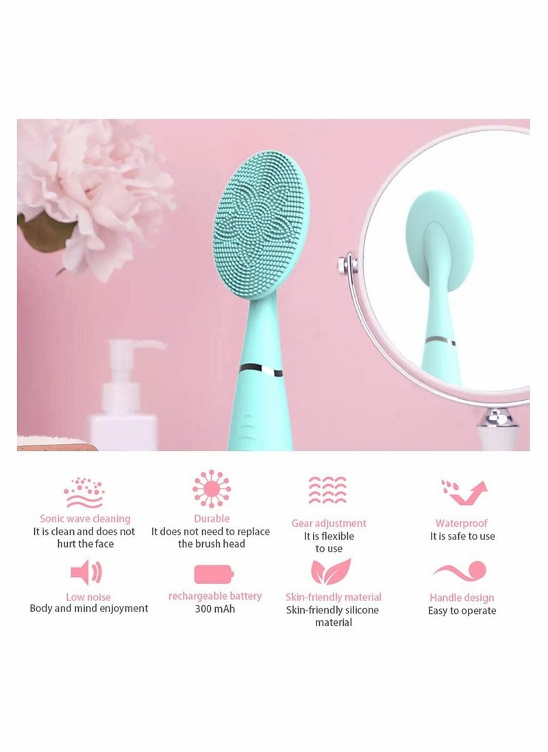 Facial Cleansing Brush, Portable Handled Face Cleansing Brush with 5 Adjustable Speeds Vibrating Rechargeable Face Cleansing Brush for Deep Cleaning Gentle Exfoliating Massaging (Blue)