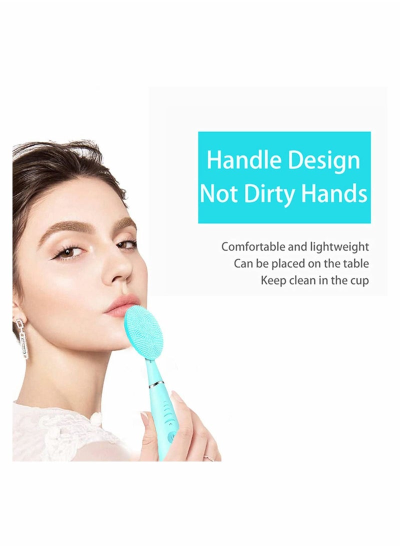 Facial Cleansing Brush, Portable Handled Face Cleansing Brush with 5 Adjustable Speeds Vibrating Rechargeable Face Cleansing Brush for Deep Cleaning Gentle Exfoliating Massaging (Blue)