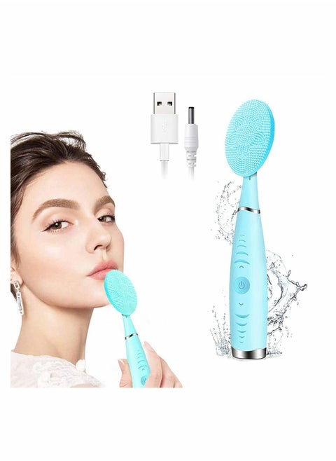 Facial Cleansing Brush, Portable Handled Face Cleansing Brush with 5 Adjustable Speeds Vibrating Rechargeable Face Cleansing Brush for Deep Cleaning Gentle Exfoliating Massaging (Blue)