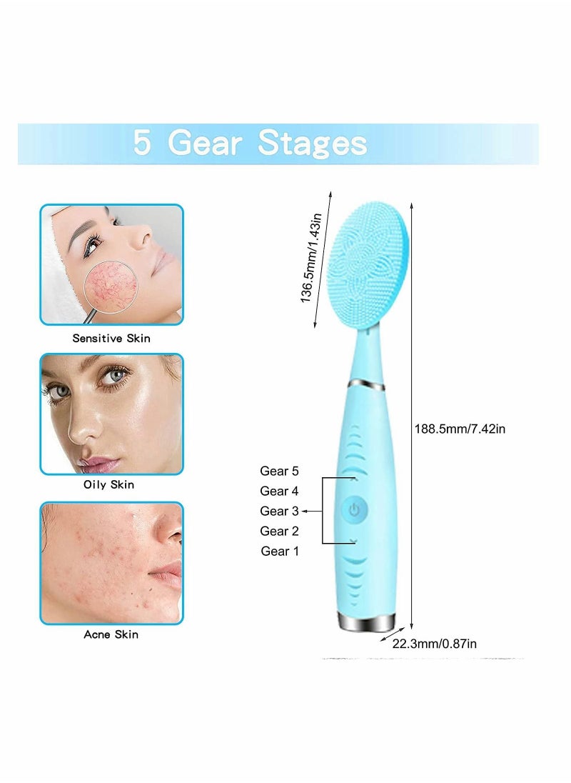 Facial Cleansing Brush, Portable Handled Face Cleansing Brush with 5 Adjustable Speeds Vibrating Rechargeable Face Cleansing Brush for Deep Cleaning Gentle Exfoliating Massaging (Blue)