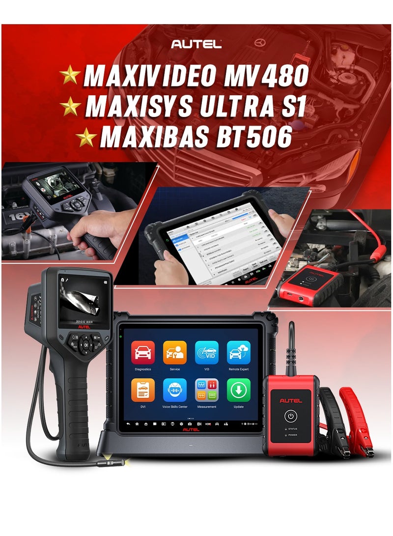 Autel Autel MaxiSys Ultra S1 Diagnostic Tablet Bundle with MV480 Dual-Camera Videoscope & BT506 Battery Analyzer – OE-Level ECU Coding, Bi-Directional Control, 40+ Services, Topology, Advanced Auto Scan Tool 