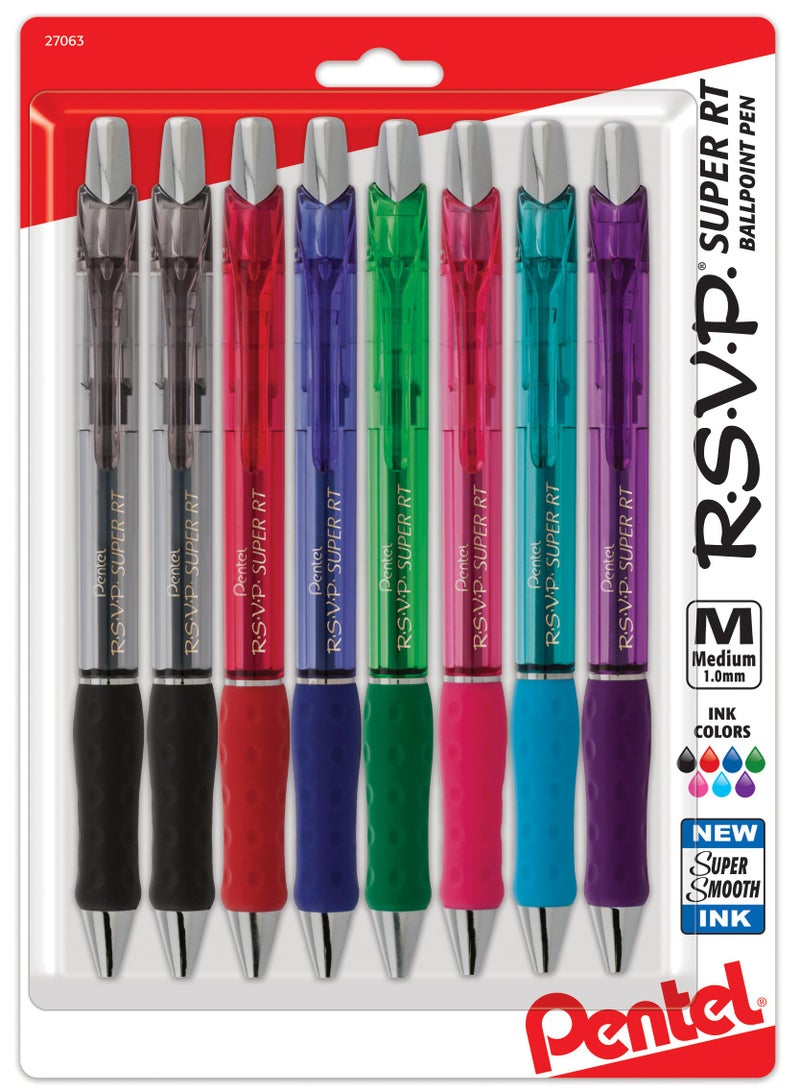 Pentel RSVP Super-Smooth Ballpoint Retractable Pen, Assorted , 8 Pack (BX480BP8M) - Image 1