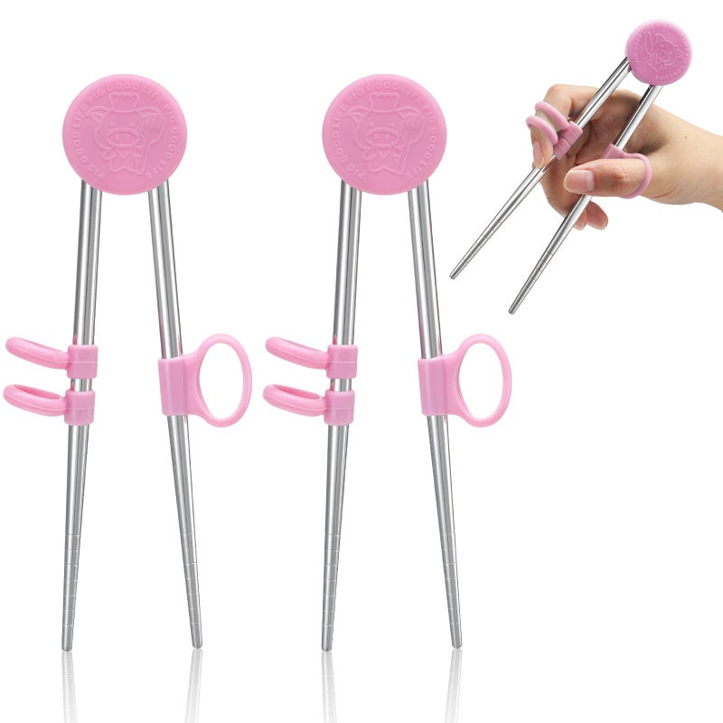 Patelai 2 Pairs Training Chopsticks for Kids Children Learning Stainless Steel Reusable Metal Chopsticks HelperPink