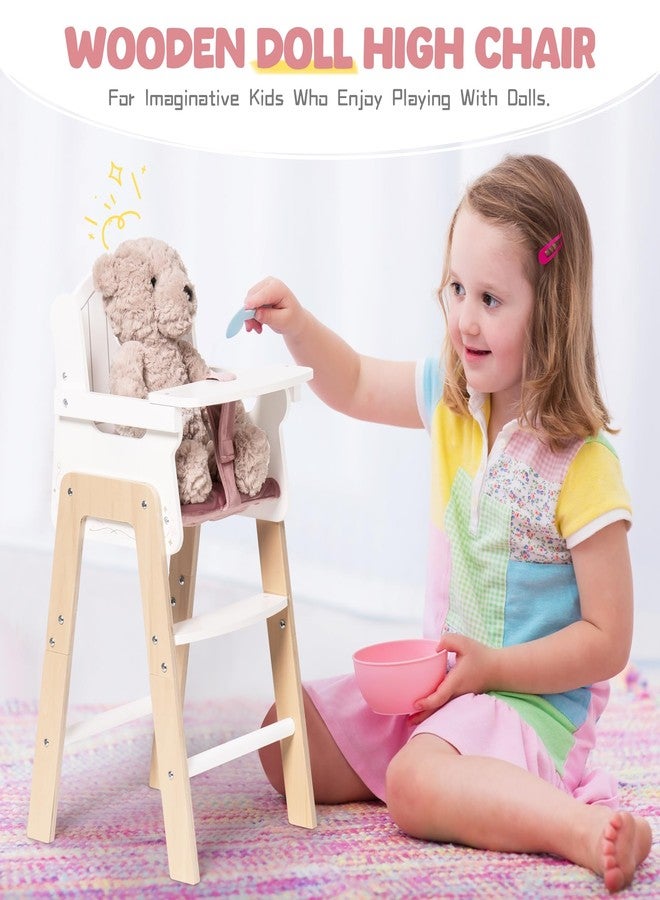 ROBOTIME Wooden Baby Doll High Chair, Pink Wooden Baby Doll Chair for 18 Inch Dolls, Pretend Play High Chair Baby Doll Accessories, Small - Image 2
