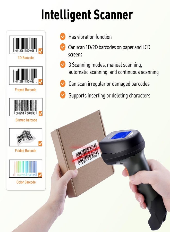 JRHC 2D Wireless Barcode Scanner, Automatic Bar Code Reader with 1.8 Inch Display Screen, Rechargeable Handheld Barcode Reader with 2.4G Wireless Dongle Built in Base, Plug and Play - Image 3