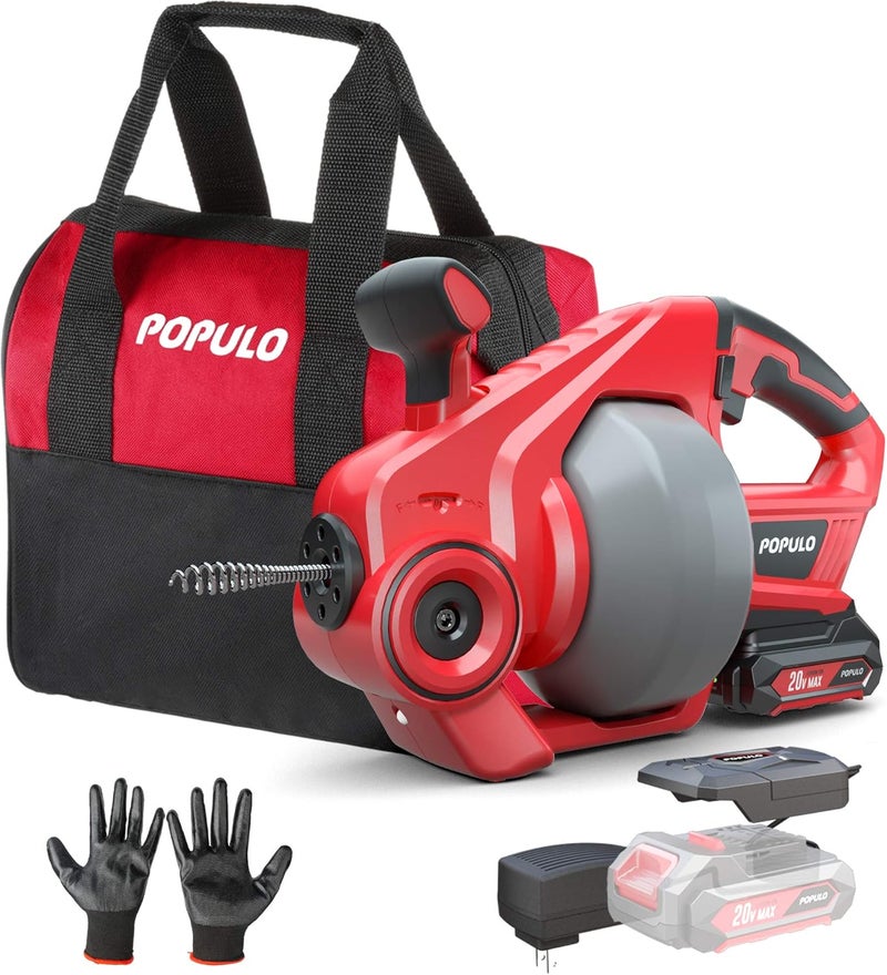 populo 20V Cordless Electric Drain Auger-Efficient 25Ft Auto-Feed Drain Snake with Replaceable Cable,2.0Ah Battery,Charger,Storage Bag & Gloves for Kitchen,Bathroom,Shower Pipes (3/4"-2")" - Image 1