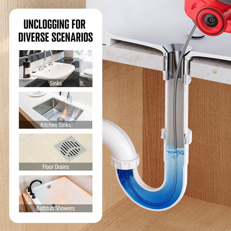 populo 20V Cordless Electric Drain Auger-Efficient 25Ft Auto-Feed Drain Snake with Replaceable Cable,2.0Ah Battery,Charger,Storage Bag & Gloves for Kitchen,Bathroom,Shower Pipes (3/4"-2")" - Image 2